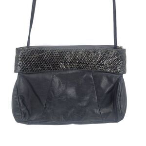 Vintage 80s Black Genuine Leather Snakeskin Embossed Crossbody Bag Formal Glam